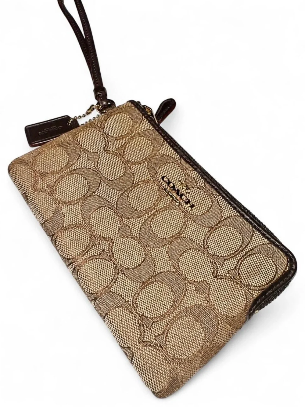 Coach Brown and Tan Signature Double Zip Wristlet
